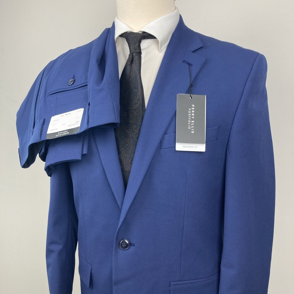 Perry Ellis Portfolio Mens Modern fit 2‎ Piece Suit 40S 33W 30L Blue Stretch - Picture 4 of 12
